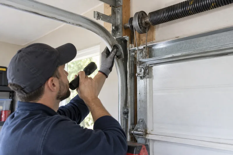 Technician inspecting the spring, cable drum and curved door track