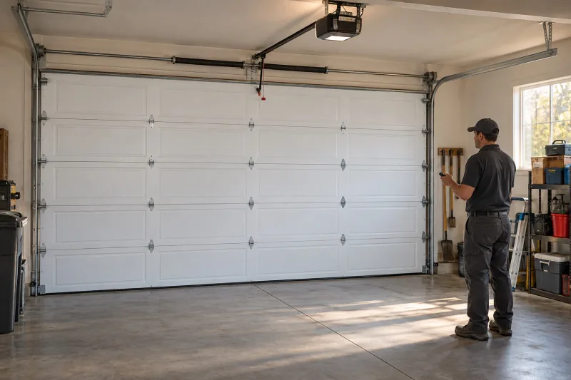 Technician checking the operation of a residential garage door