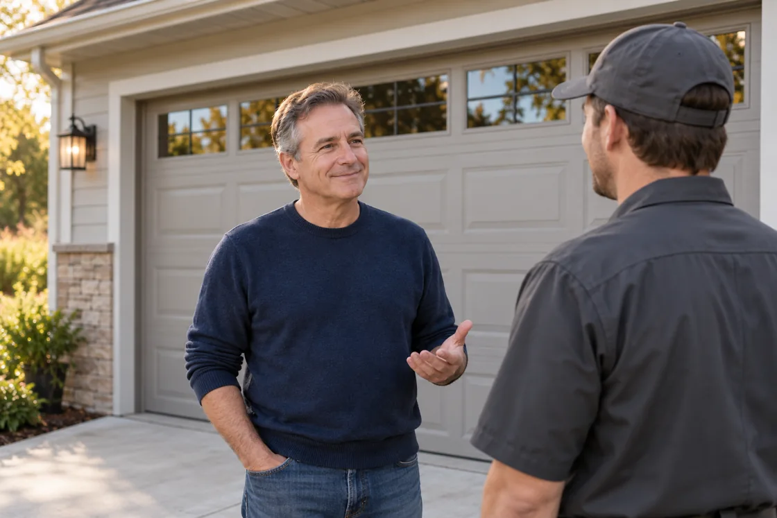 Illustration of a homeowner talking with a garage door technician
