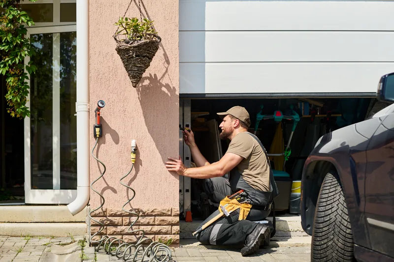 Repair technician inspecting the track beside a residential garage door